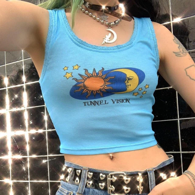 Fashion Punk Style Patchwork Tank Tops Aesthetic Letter And Graphic Print Women Crop Top Color Blocking Sleeveless Streetwear - Deanwangkt