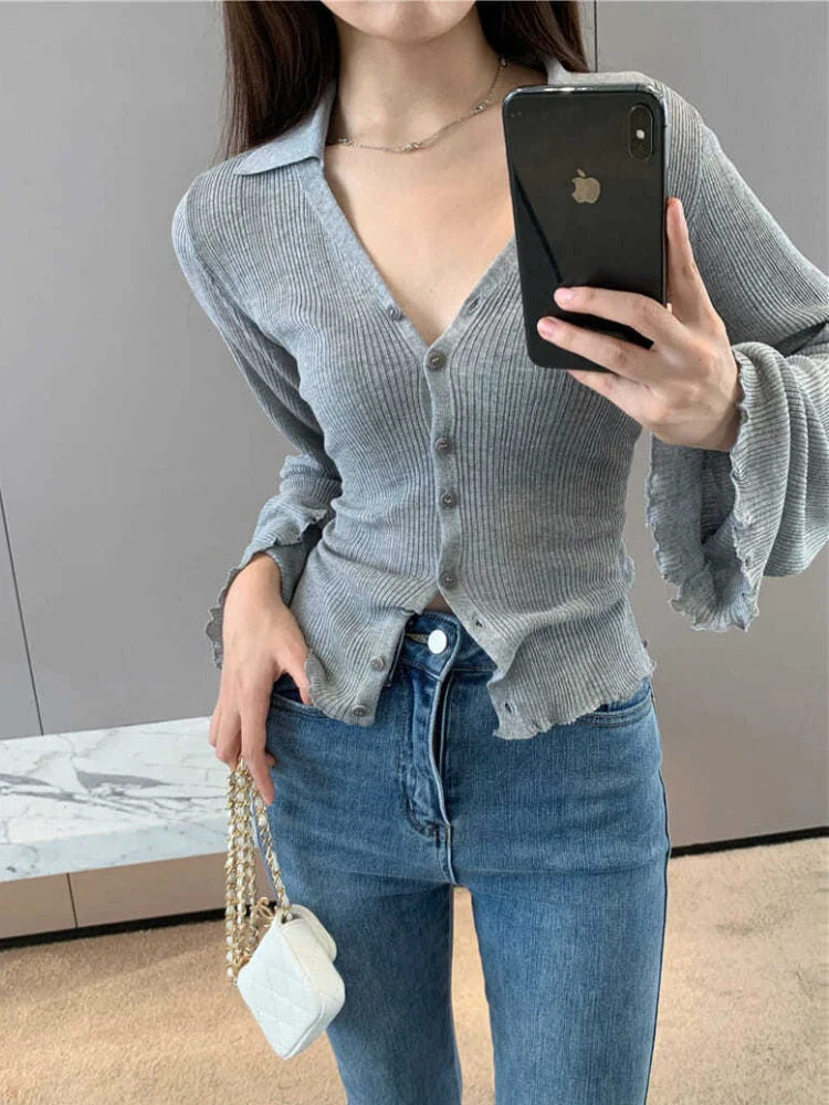 Hulianfu Knitting T-shirt Women Slim Sexy Long Sleeve Daily V-neck Casual Korean Style Pure Retro Minimalist Hot Girls Spring See-through - Deanwangkt