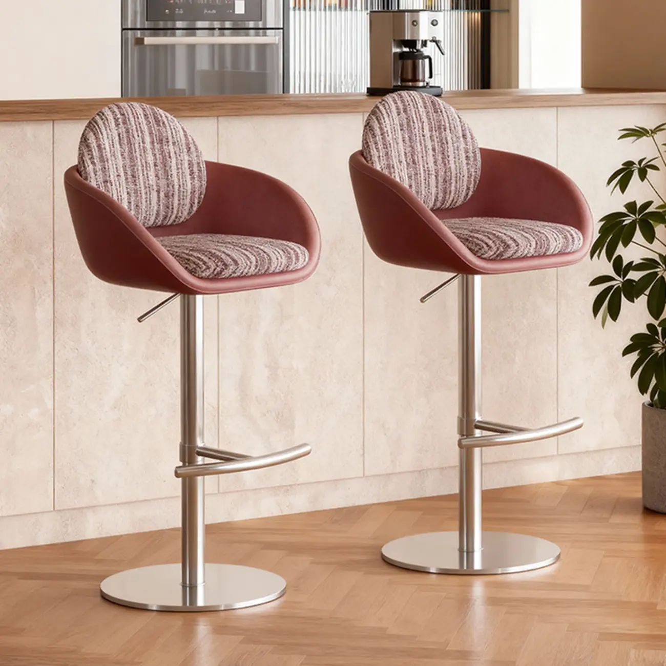 Modern Swivel Fabric Upholstered Bar Stools Stainless Steel