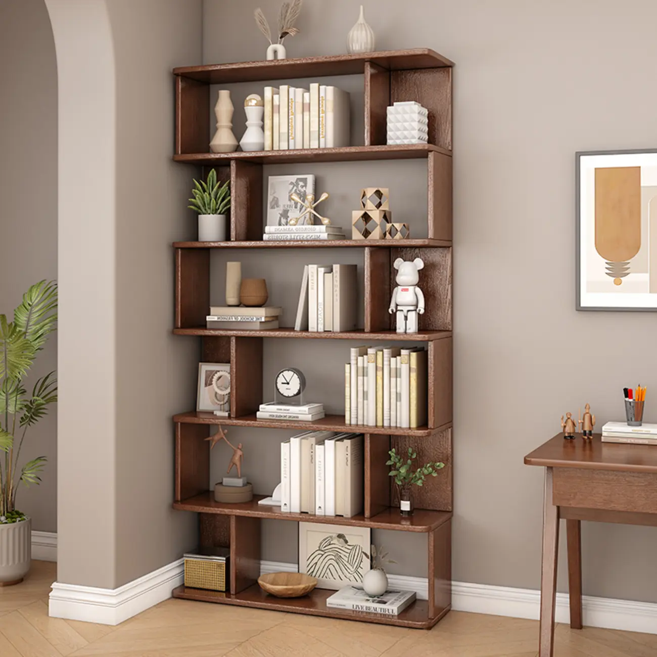 Mid-Century 6-Tier Open Back Wooden Bookshelf