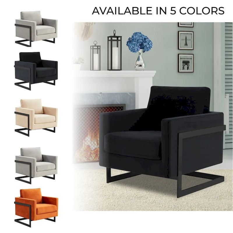 LeisureMod Lincoln Modern Velvet Arm Chair with Black Steel Frame - 35