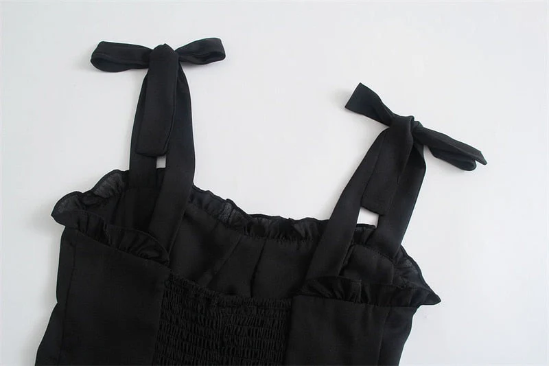 Hulianfu Lace-up Slim-Fitting Edible Tree Fungus Folds Summer New Women Black Elastic Sling Ruffle Camisole Crop Top Zipper - Deanwangkt