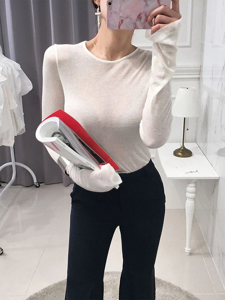 Hulianfu Sexy Shirt Women T-Shirt Long Sleeve Korean Style Slim Basic Elasticity Tshirt Top Womens Clothing T Shirt Femme - Deanwangkt