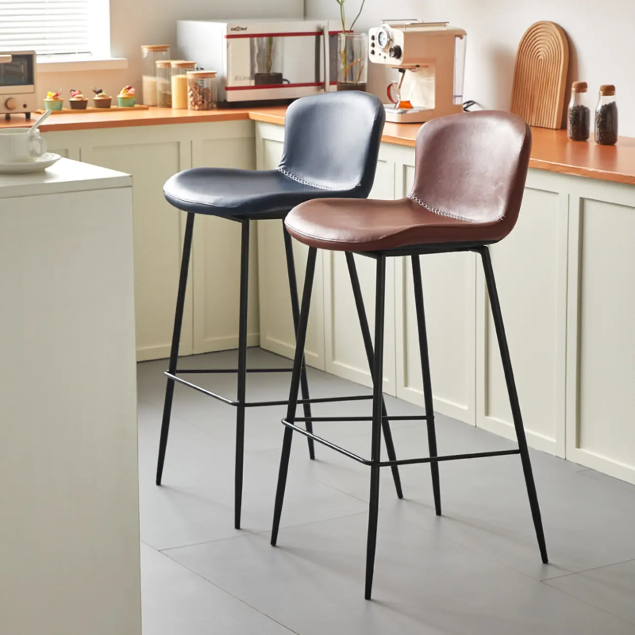 Modern Metal Frame Leather Cushion Low Back Bar Stool