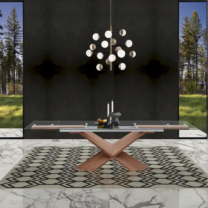 Davee Transparent Glass Top with Wood Leg Extendable Dining Table - 106/70.87*35.43*30 inches