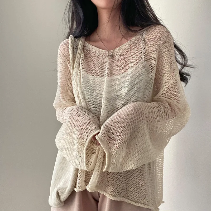 maoxiangshop- Full Sleeves Pullovers Hollow Out Sweaters Tops Sexy Women Fashion Casual Streetwear Chic Female Losse Sweaters Korean style