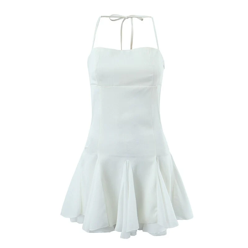 Hulianfu Spring Summer New Sexy Slim Fashion Women Halter Neck Tie Backless Pleated Short Strap Mini Dress Female - Deanwangkt