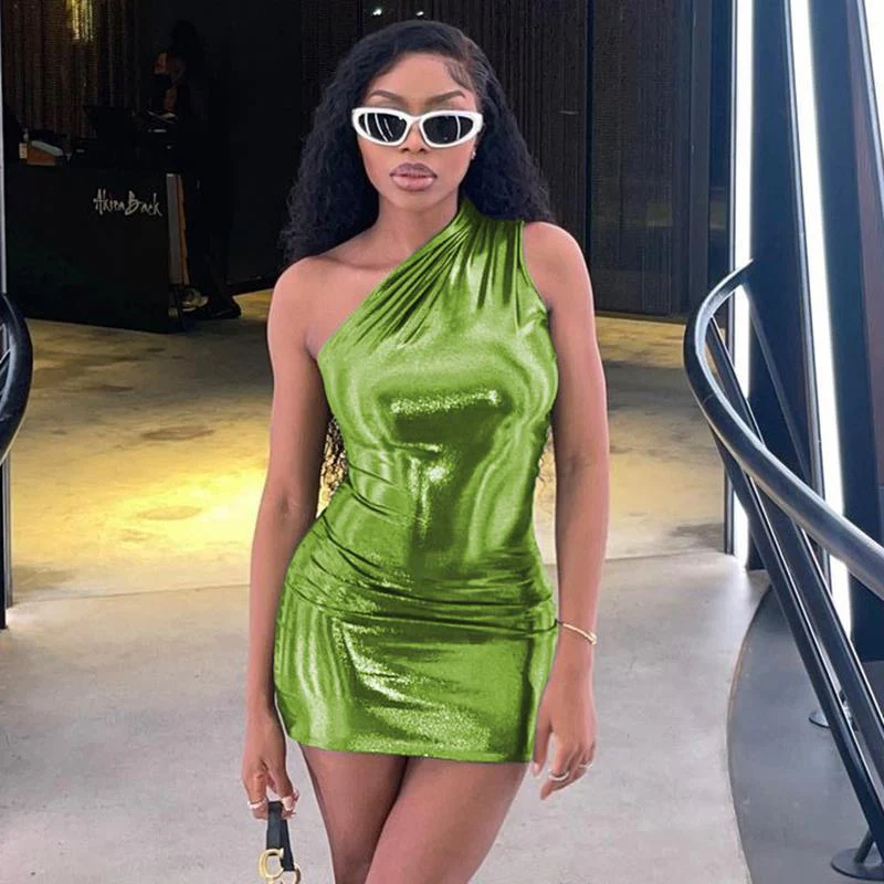 Hulianfu Pu Leather One Shoulder Sleeveless Draped Mini Prom Dress 2026  Summer Fall Women Elegant Y2K Evening Party Club Clothes - Deanwangkt
