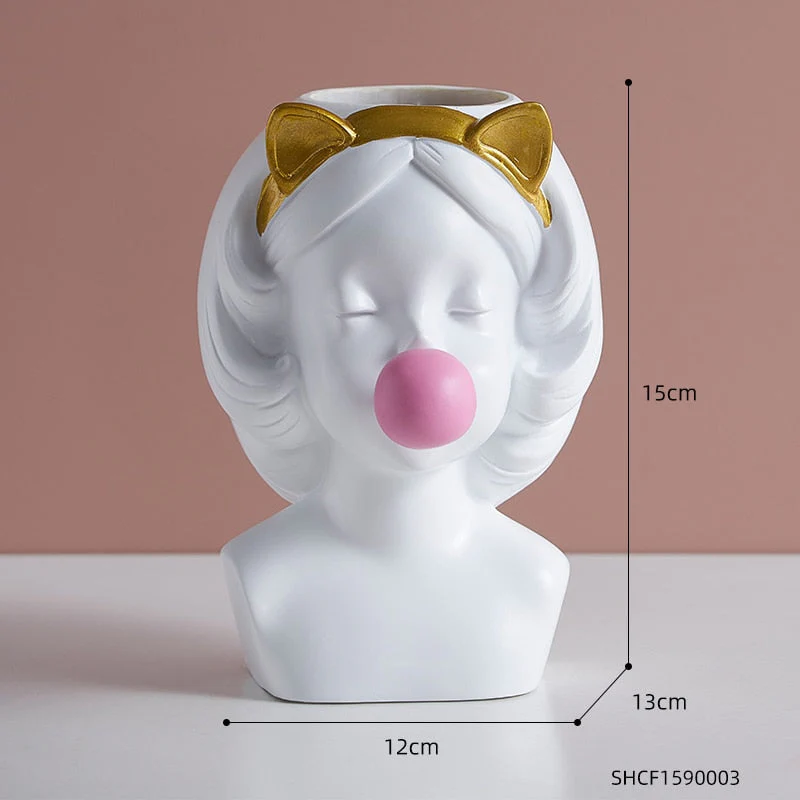 HULIANFU Resin Vase Nordic Modern Home Decoration Cute Girl Blowing Bubbles Decorative Head Carving Flower Vases Pen Holder Vase Flowers - Deanwangkt