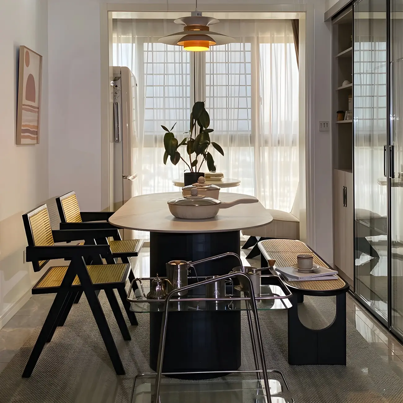 Rectangular Black Rattan Top Rubberwood Bench