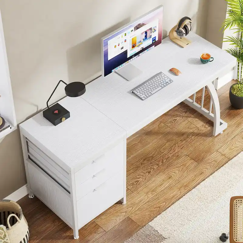 59-inch Wood/ Metal Computer Desk Writing Table with 3 Reversible Drawers