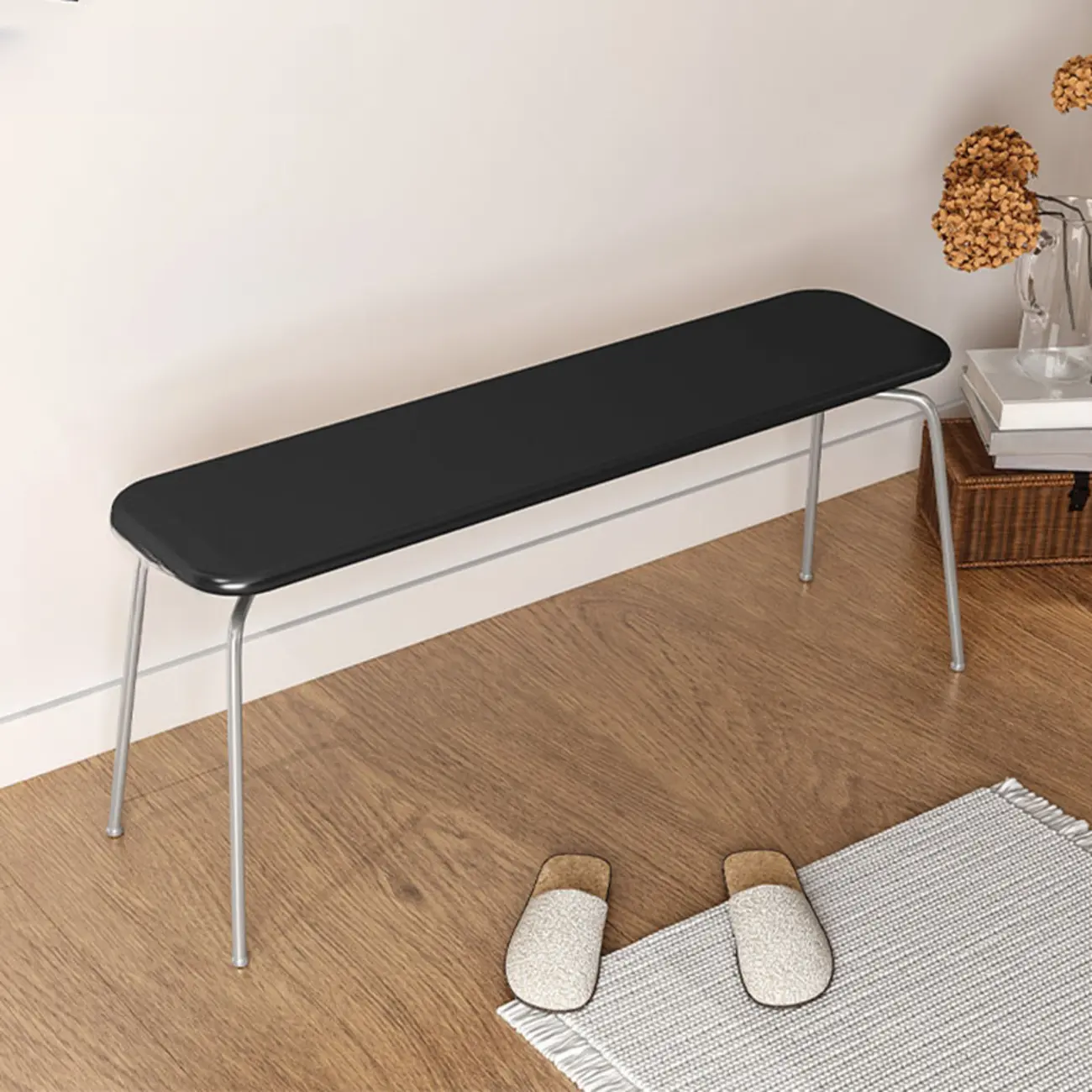 Modern Wood Bedroom Bench with Metal Frame