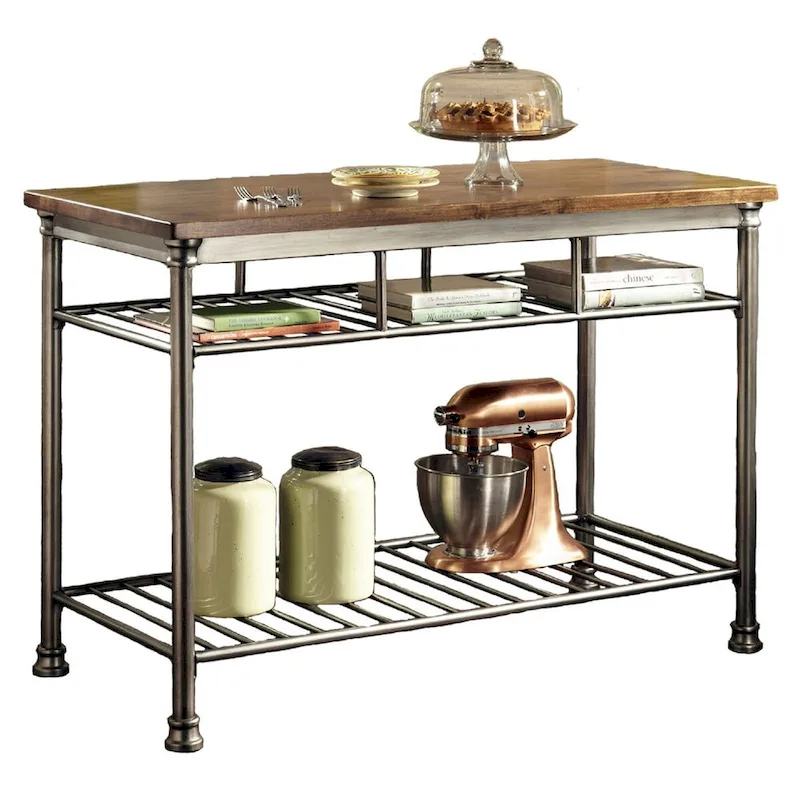 Classic French Style Hardwood Butcher Block Top Metal Kitchen Utility Table - 52W x 25D x 36H in.