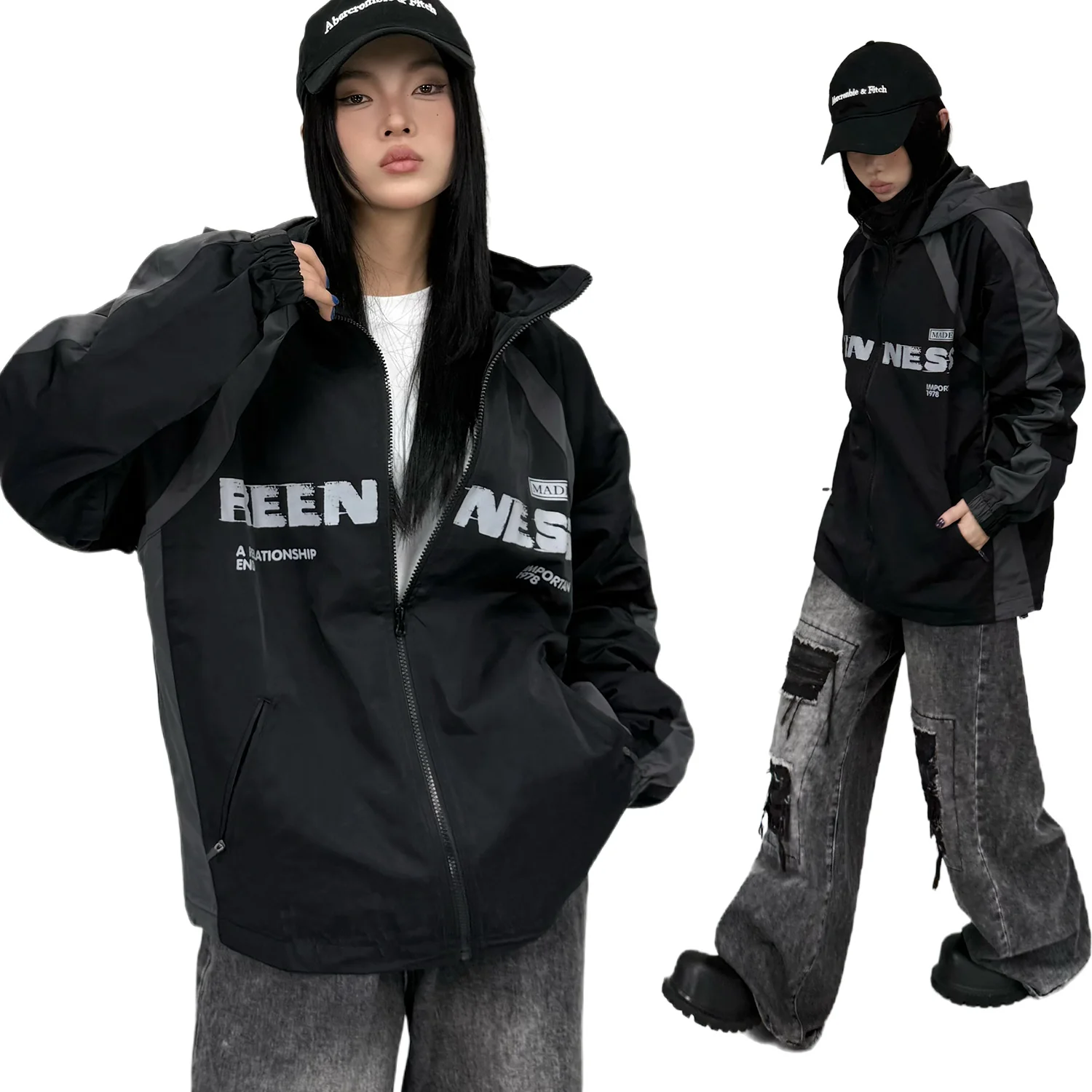 SR10 n retro popular autumn and winter trend men's and women's trench coat design locomotive windproof loose hooded jacket - Deanwangkt