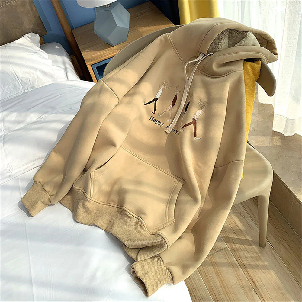 hulianfu Jacket women solid color hoodies autumn winter imitation lamb wool korean loose plus velvet thick zipper sweatshirt tops - Deanwangkt