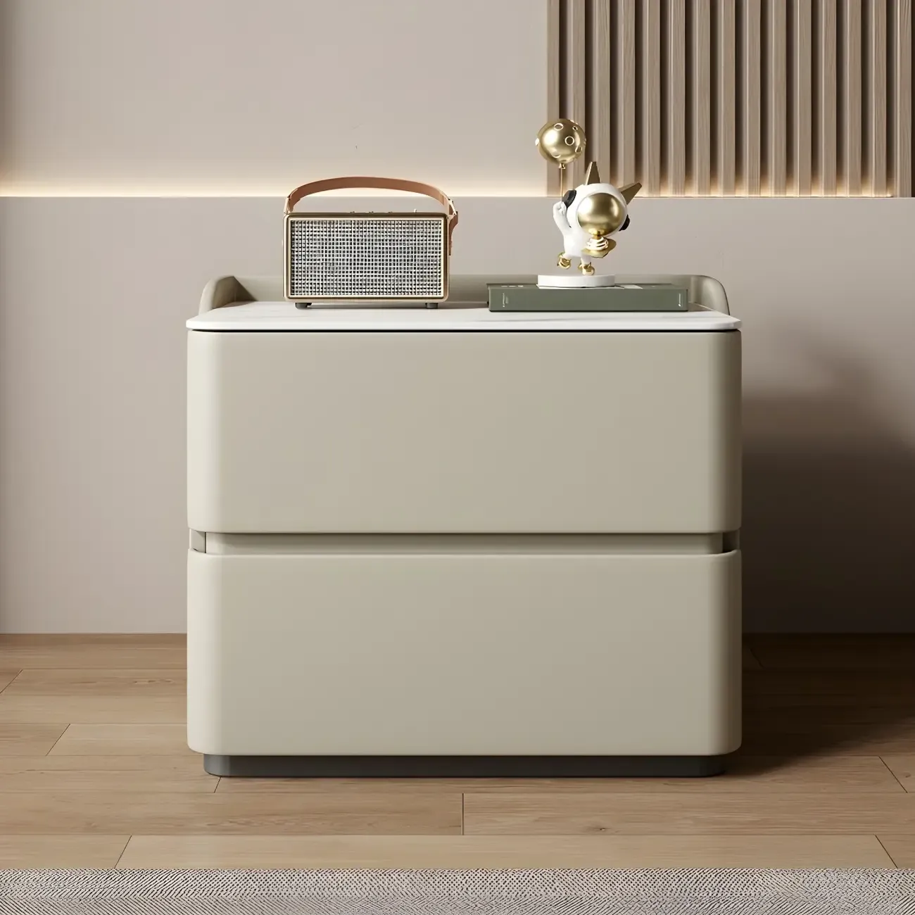 Modern Stone Top Leather Pine 2-Drawer Nightstand