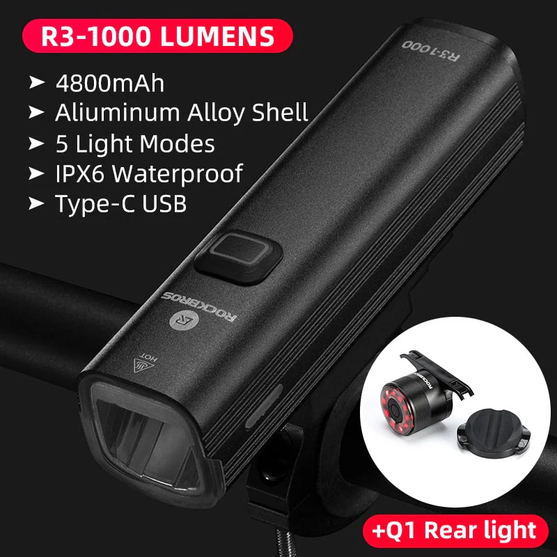 HULIANFU ROCKBROS 1000LM Bike Light Front Lamp USB Rechargeable LED 4800mAh Bicycle Light Waterproof Headlight Bike Accessories - Deanwangkt