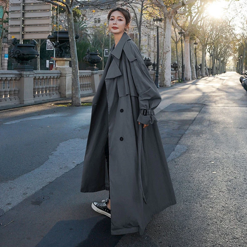 Korean Style Loose Oversized X-Long Women's Trench Coat Double-Breasted Belted Lady Cloak Windbreaker Spring Fall Outerwear Grey - Deanwangkt