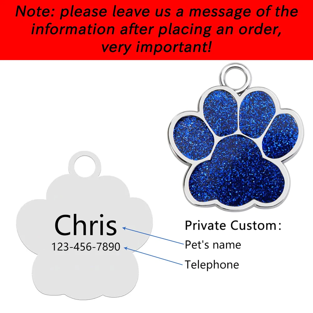 HULIANFU Personalized Dog Cat Tags Engraved Cat Dog Puppy Pet ID Name Collar Tag Pendant Pet Accessories Paw Glitter Pendant - Deanwangkt