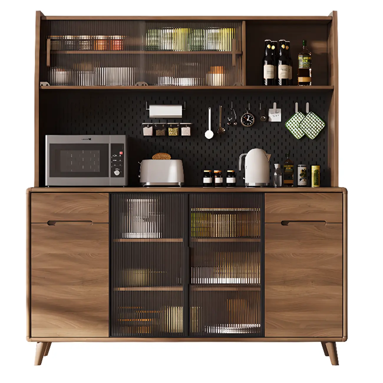 Kitchen Brown Wooden Hutch Top Sideboards with Pegboard Back