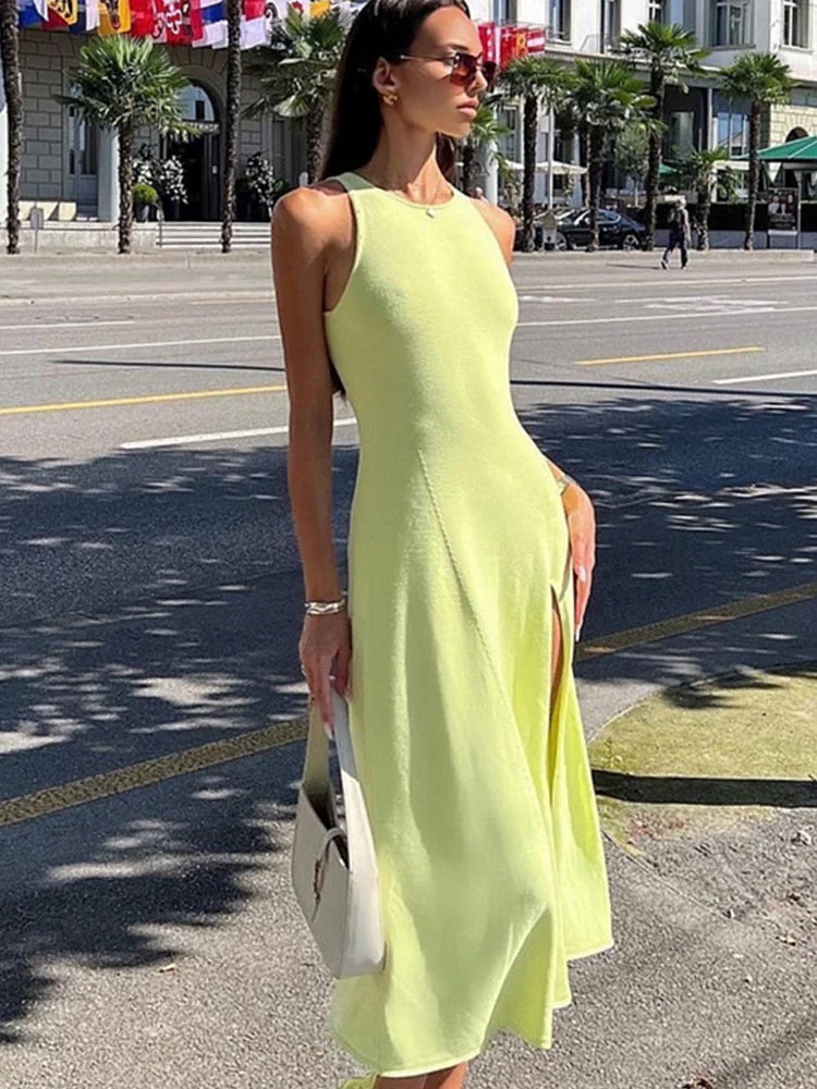 Hulianfu Knitting Split Women Dress Sexy Slim Sleeveless Hip Package Midi Dresses Female Spring Summer Fashion Solid Ladies Vestido - Deanwangkt