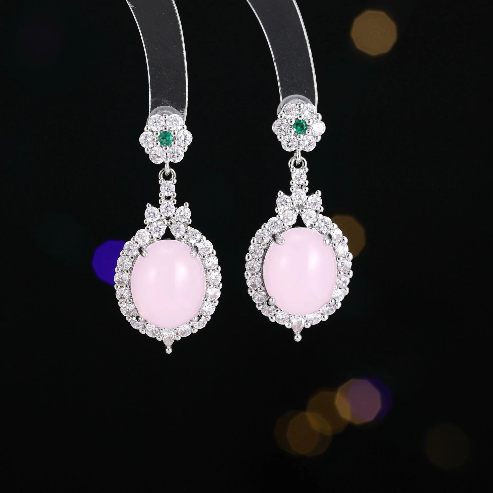 2025 New Chinese style high-end earrings 925 silver needles inlaid with zircon agate ice-transparent chalcedony flower oval earrings - Deanwangkt