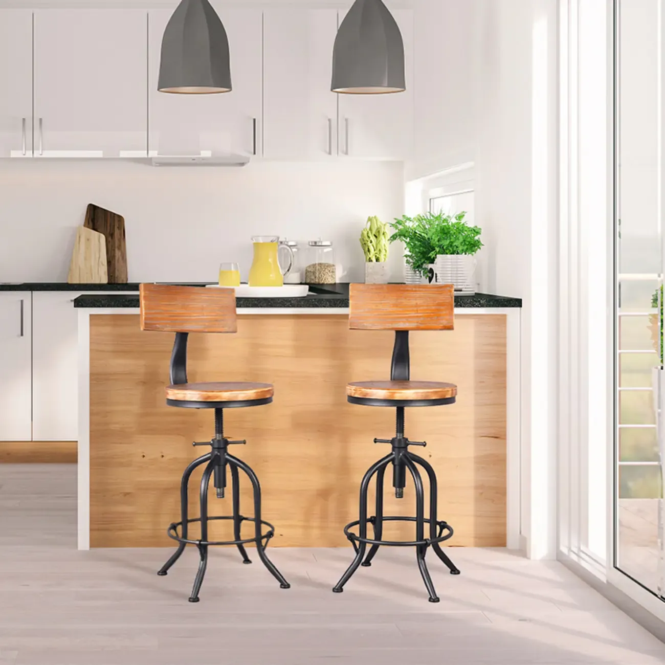 Industrial Round Adjustable Wooden Metal Bar Stools With Backs