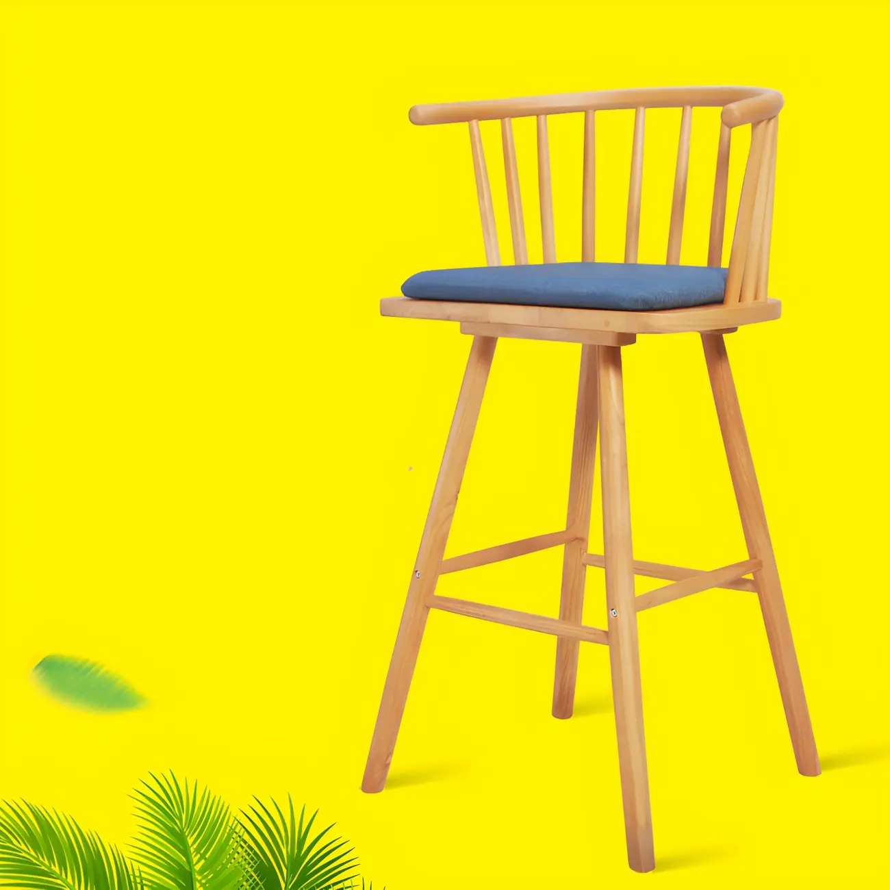 Traditional Wooden Low Back Bar Stool with Cushioned Seat