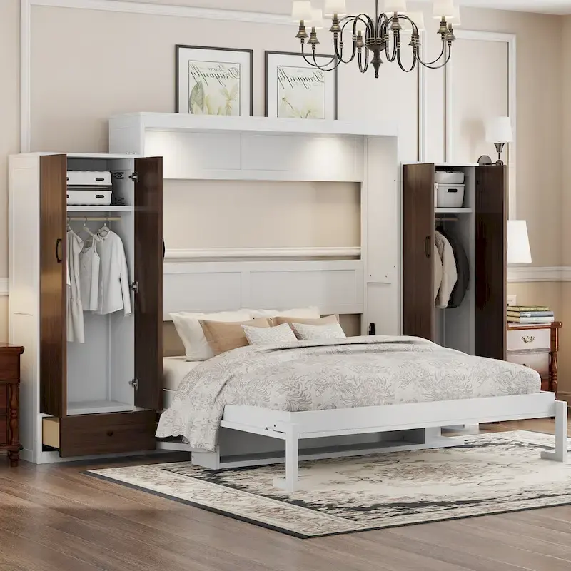 Queen Size Murphy Bed Wall Bed with Closet, Drawers and Table
