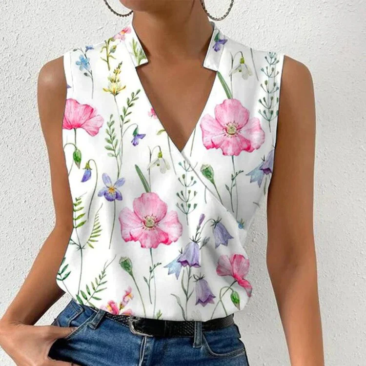 Hulianfu Fashion V-neck Sleeveless Blouse Floral Print Tank Top Femme 2026  Summer Casual Office Vintage Women Tops And Blouses Plus Size - Deanwangkt