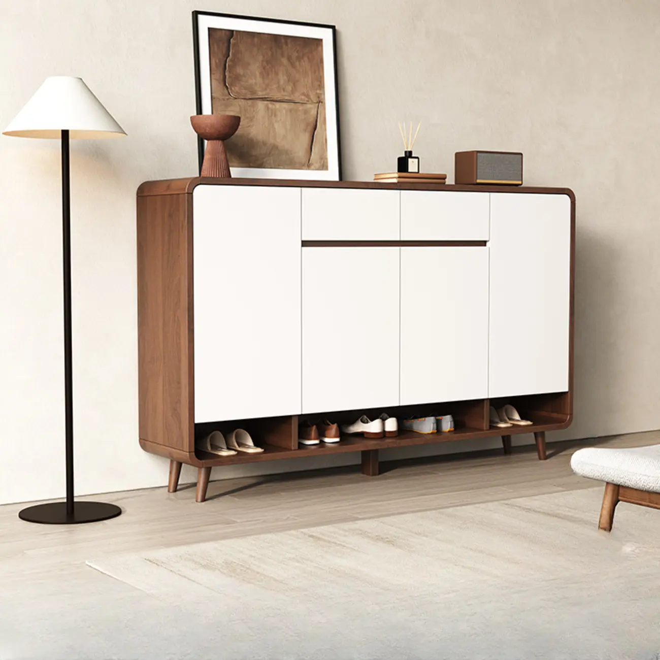 Modern Manufactured White Wood Shoe Cabinet