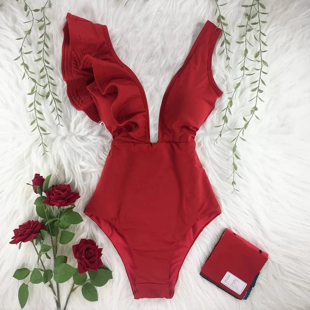 New Sexy Ruffle Print Floral One Piece Swimsuit Off The Shoulder Swimwear Women Solid Deep-V Beachwear Bathing Suit Monkini - Deanwangkt