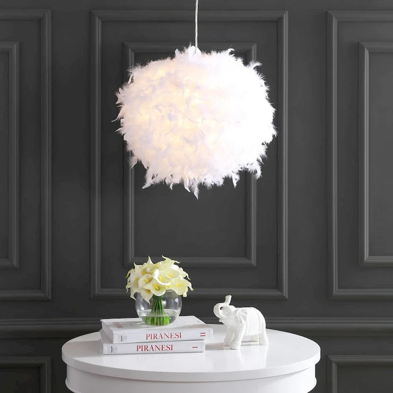 Simon 19  Feather Metal Adjustable LED Pendant, White by JONATHAN Y