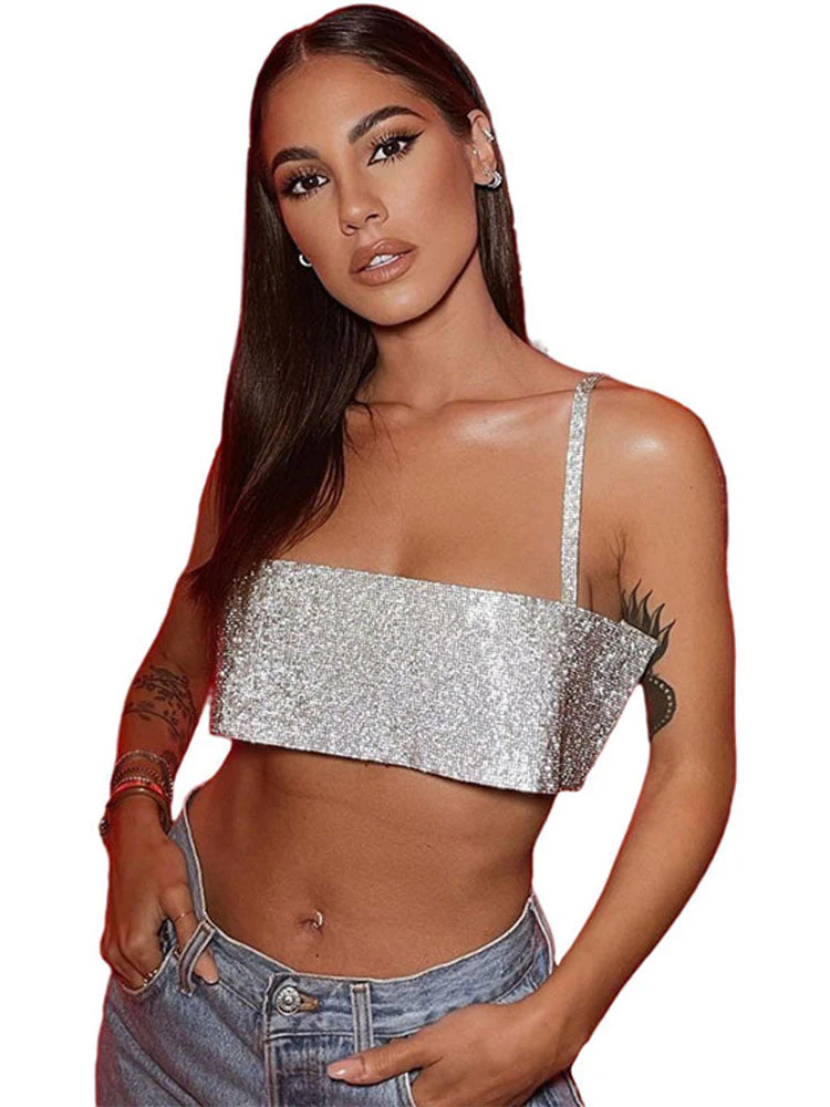 Glitter Tube Tops Sexy Sleeveless Vest Women Crop Top Party Off Shoulder Backless Top Bright Slik Summer Y2K Tank Tops Pink - Deanwangkt