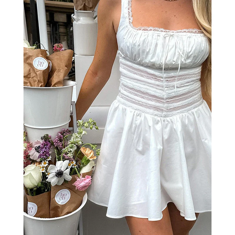Hulianfu Square Neck White Dress Lovely Lace Patchwork A Line Holiday Party Dresses Casual Mini Summer Dresses Women - Deanwangkt
