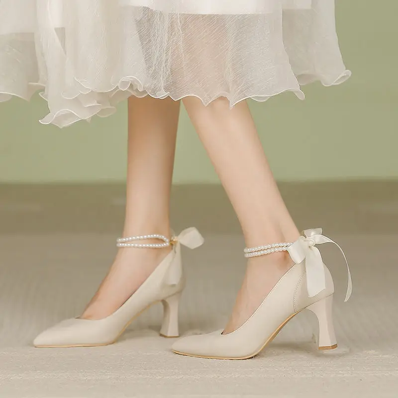 Shoes for Woman  Pumps High Heels Women's Summer Footwear on Heeled Moccasins with Straps Chunky Bow Bride Block Heel Young - Deanwangkt