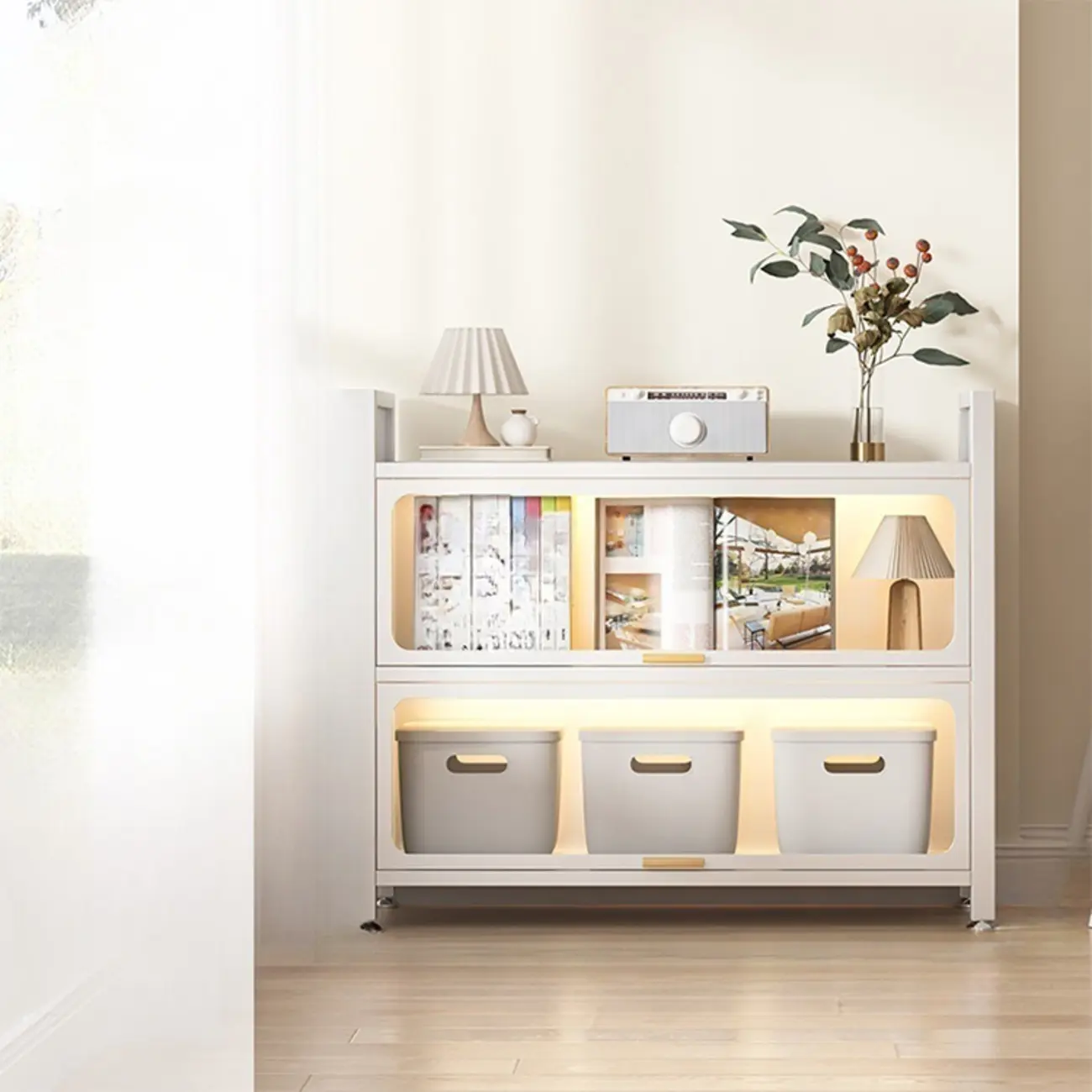 Grey/White Metal Vertical Closed Back Bookcase with Doors