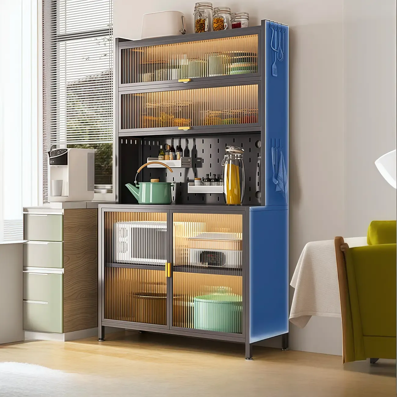 Modern Steel Multi-Shelf Sideboard with Pegboard Back