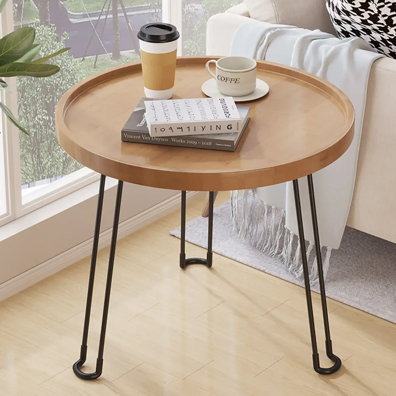 Round Natural Wood Tray Top End Table for Living Room