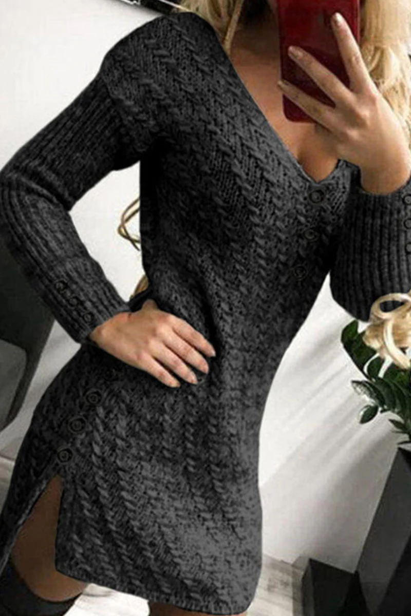 hulianfu Casual Print Split Joint V Neck Pencil Skirt Dresses - Deanwangkt