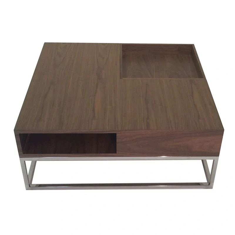 Rina 35 Inch Coffee Table, Removable Square Wood Tray, Storage, Steel Base