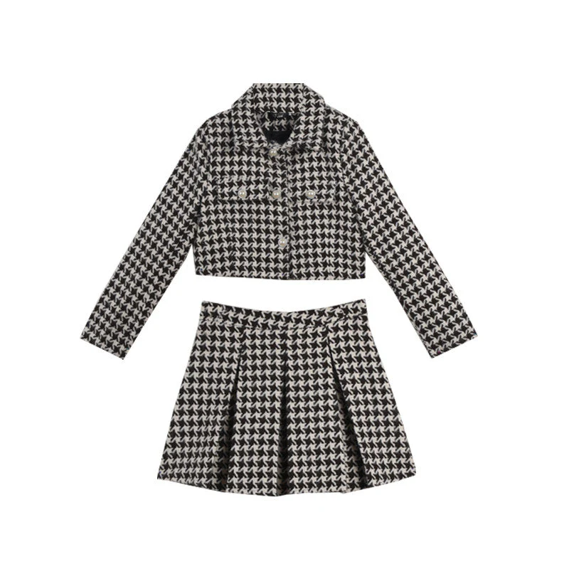 Women New Spring 2 Piece Matching Suits Long Sleeve Plaid Short Jacket&High Waist Pleated Mini Skirt Vintage 2pc Dress Sets - Deanwangkt