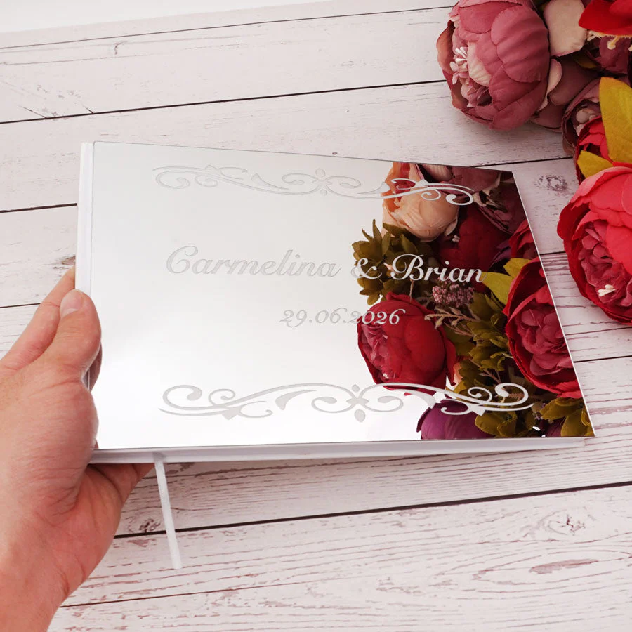 HULIANFU Personalized Wedding Signature Guestbooks Custom Acrylic Silver Mirror Souvenir Blank Books Party Favors Gifts Engagement Decor - Deanwangkt