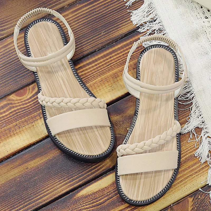 hulianfu Women Casual Ankle Buckle Sandals Rome Style Shoes Summer Fashion Flock Woven Open Toe Narrow Band Flat Beach Sandals - Deanwangkt