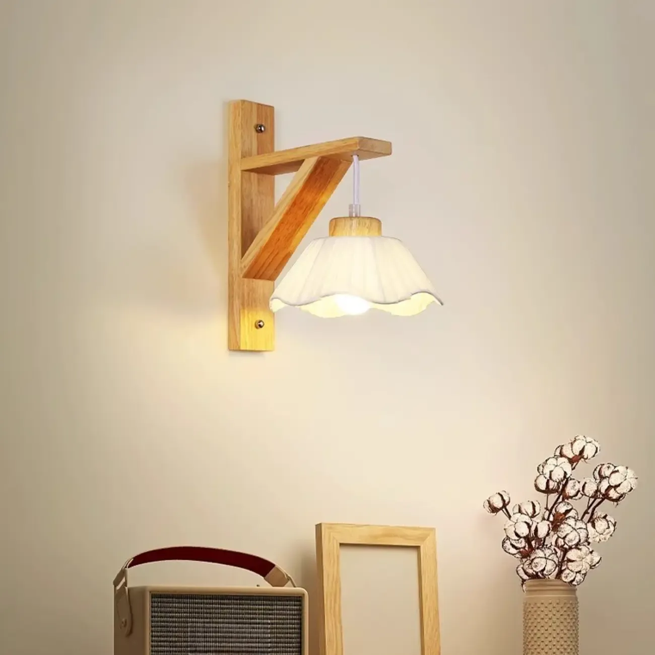 Indoor Mini Wall Sconce with Fabric Shade & Wooden Frame