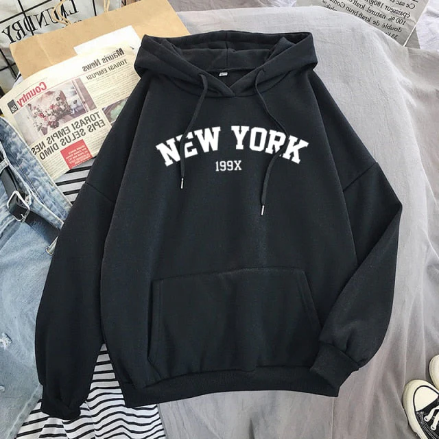 Female Thicken Warm Hoodies Lady Autumn Tops NEW Sweatshirts Velvet Winter Women's NEW YORK Printing Hooded Hoodies - Deanwangkt