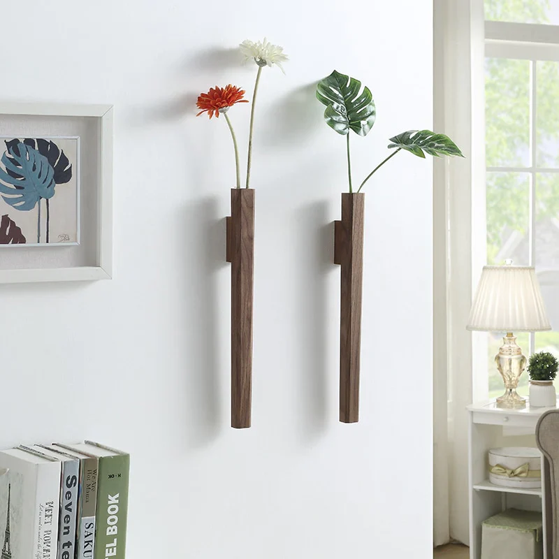 HULIANFU Nordic Handmade Solid Wood Wall Vase Hydroponic Flower Plant Pot Bonsai Glass Bottle Home Bar Restaurant Decor Entrance Ornament - Deanwangkt