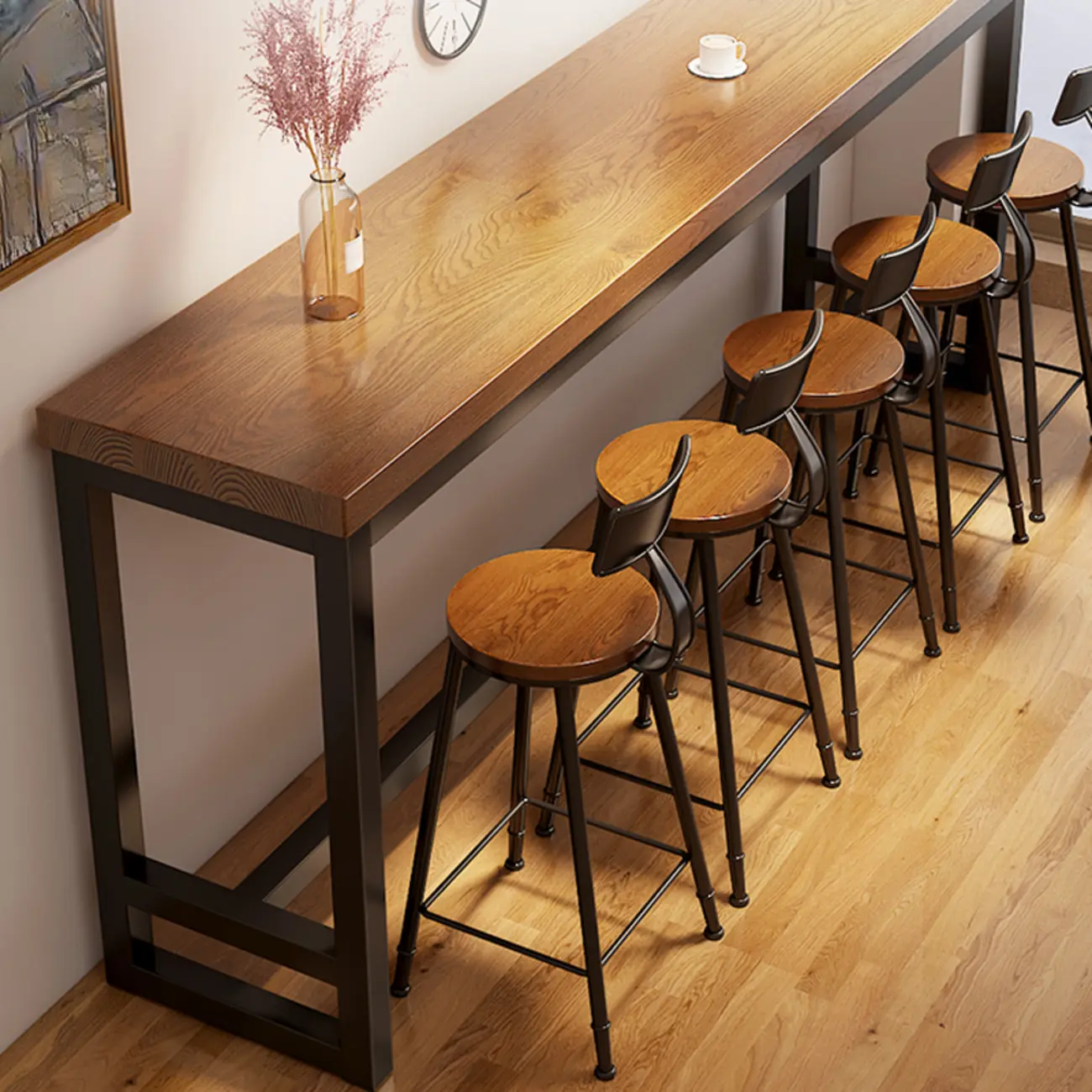 Simple Brown Black Wooden Trestle Bar Tables