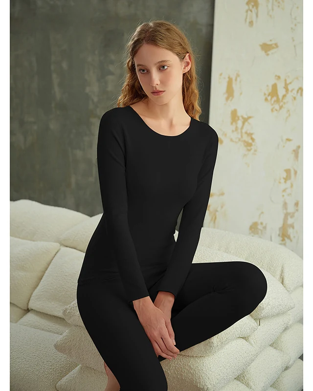 silk cashmere protein blend women's thermal underwear set, double-sided brushed stretchy base layer for autumn and winter