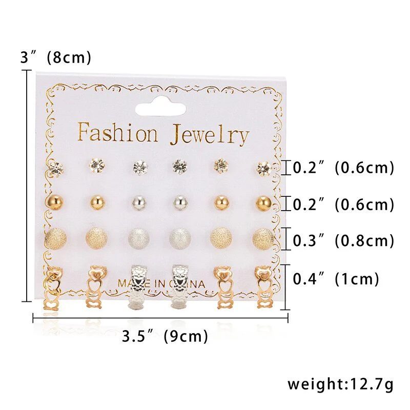 12 Pairs/set Classic Crystal Stud Earring Sets Women's Round Ball Metal Pearl Flower Earrings For Women Girl Gift Mixed Jewelry - Deanwangkt